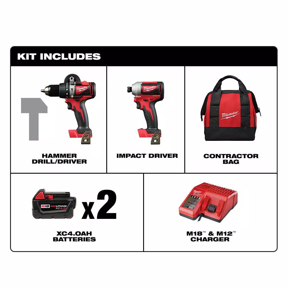 Milwaukee M18 Brushless 2-Tool Combo Kit: Hammer Drill & 3-Speed Impact Driver with (2) 4.0 Ah Batteries