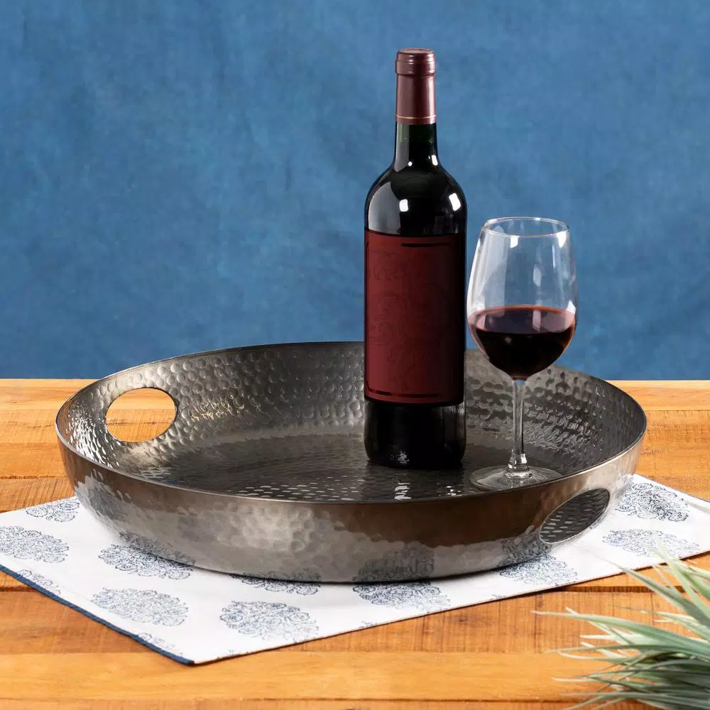 Honey-Can-Do Black Glossy Hammered Aluminum 16 in. Round Serving Tray with Handles
