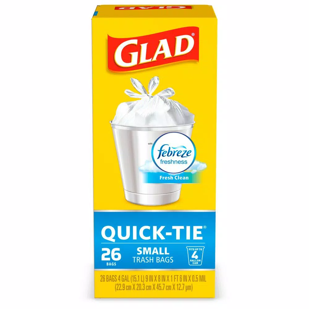 Glad OdorShield Quick-Tie Small Trash Bags, 4 Gal, Fresh Clean Scent, 26 Count