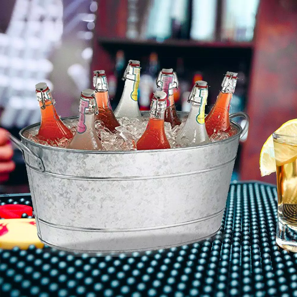 Benzara Galvanized Steel Beverage Tub with Handles, 29.5 Qt Oval Ice Bucket
