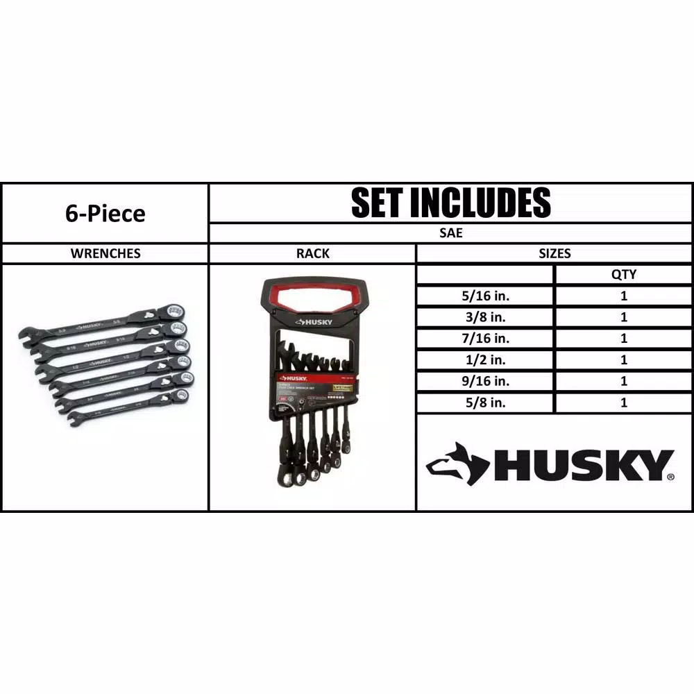 Husky 6-Piece SAE Flex-Head Ratcheting Wrench Set, 100-Position Locking