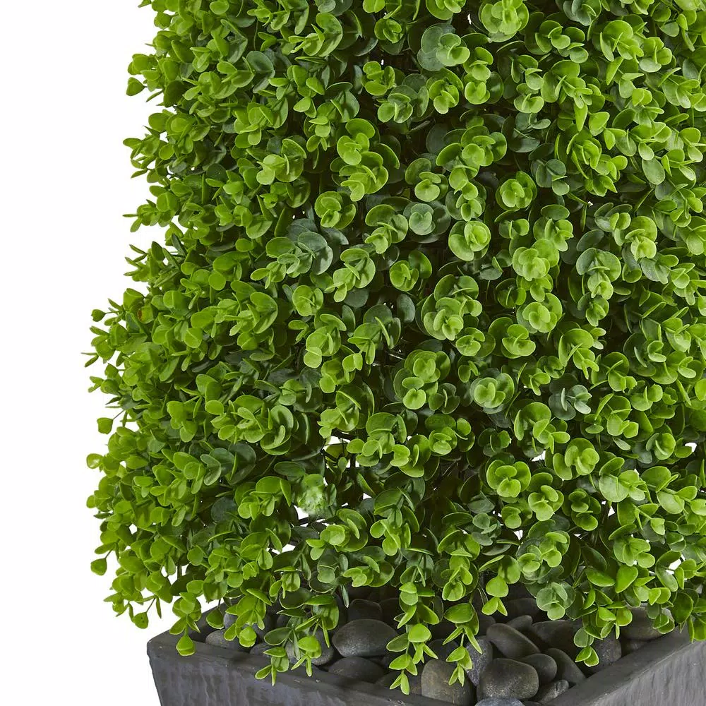 Nearly Natural 57 in. Artificial Eucalyptus Topiary Tree with Slate Planter, UV-Resistant Indoor/Outdoor Decor