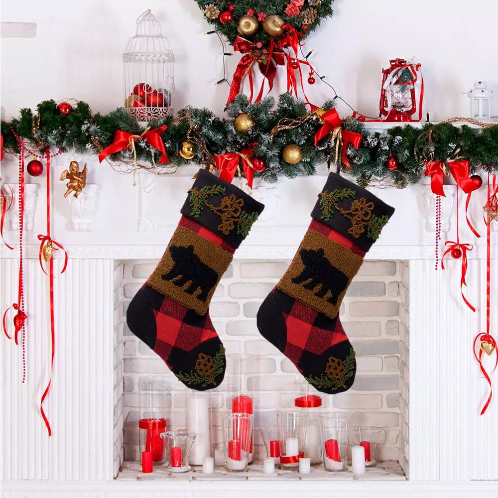 Glitzhome Plaid Bear Rug Hooked Christmas Stockings, 2-Pack