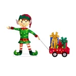 Haute Decor 42 in. Christmas Elf Pulling Wagon with 100 Warm White LED Lights, Outdoor Holiday Sculpture thumbnail 1