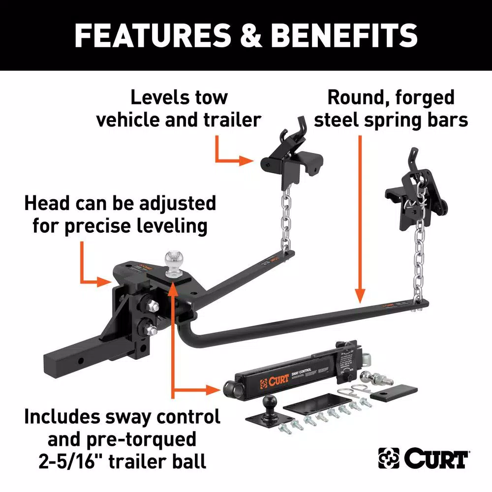 CURT Round Bar Weight Distribution Hitch Kit, 10,000 - 14,000 lbs. GTW, 31-5/8" Bars