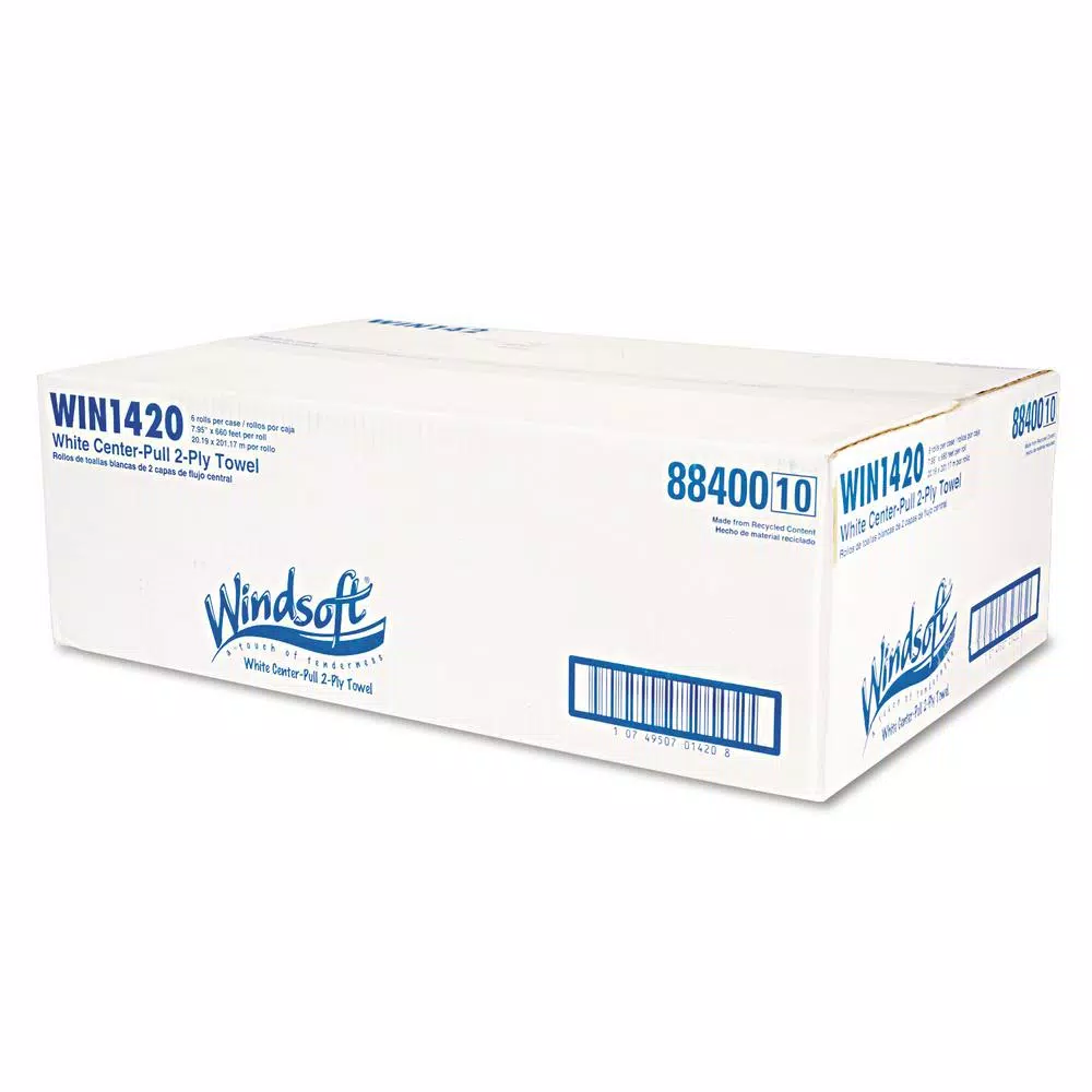 Windsoft Center-Flow Perforated Paper Towel Rolls, 2-Ply White, 8 x 13.5 in (6 Rolls per Carton)