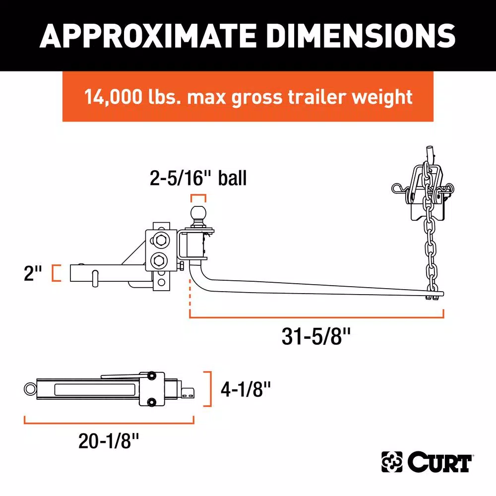CURT Round Bar Weight Distribution Hitch Kit, 10,000 - 14,000 lbs. GTW, 31-5/8" Bars