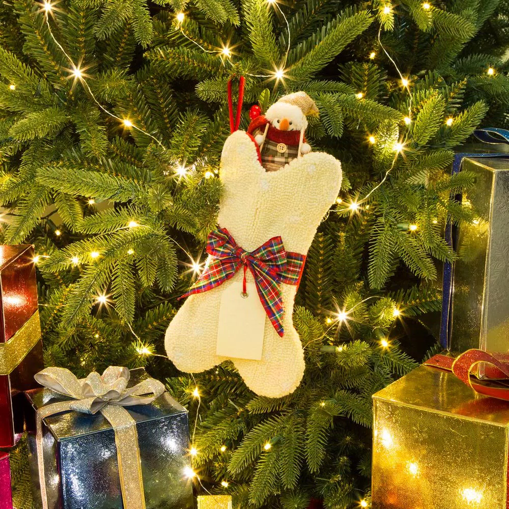 Glitzhome 12.5 in. White Dog Bone Shaped Christmas Stocking with Red Plaid Bow
