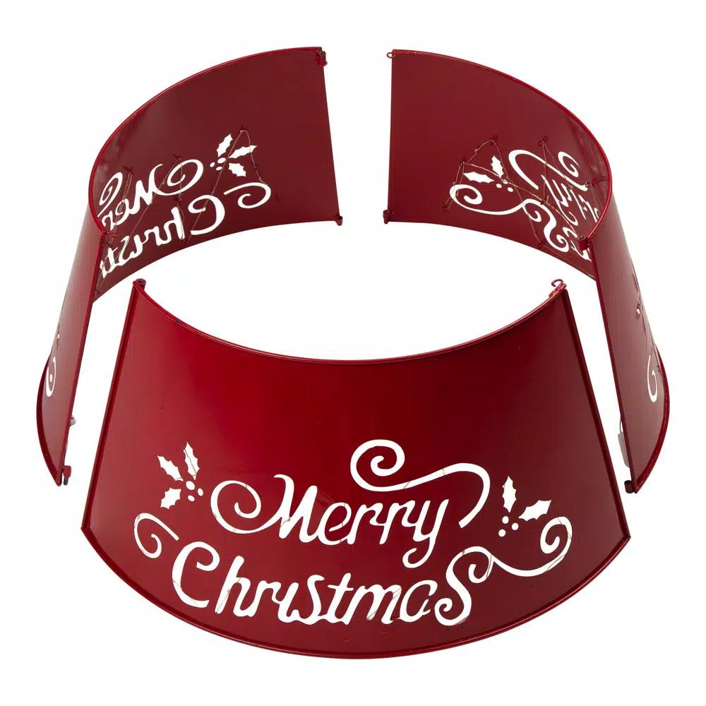 Glitzhome 26 in. Red Metal Merry Christmas Diecut Tree Collar with Light String