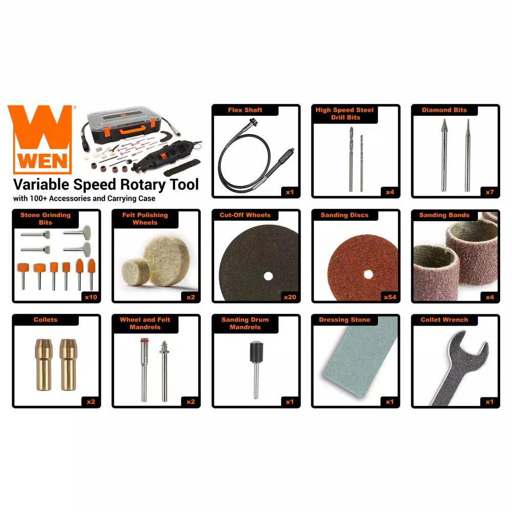 WEN 1 Amp Variable Speed Rotary Tool Kit with 100+ Accessories and Flex Shaft