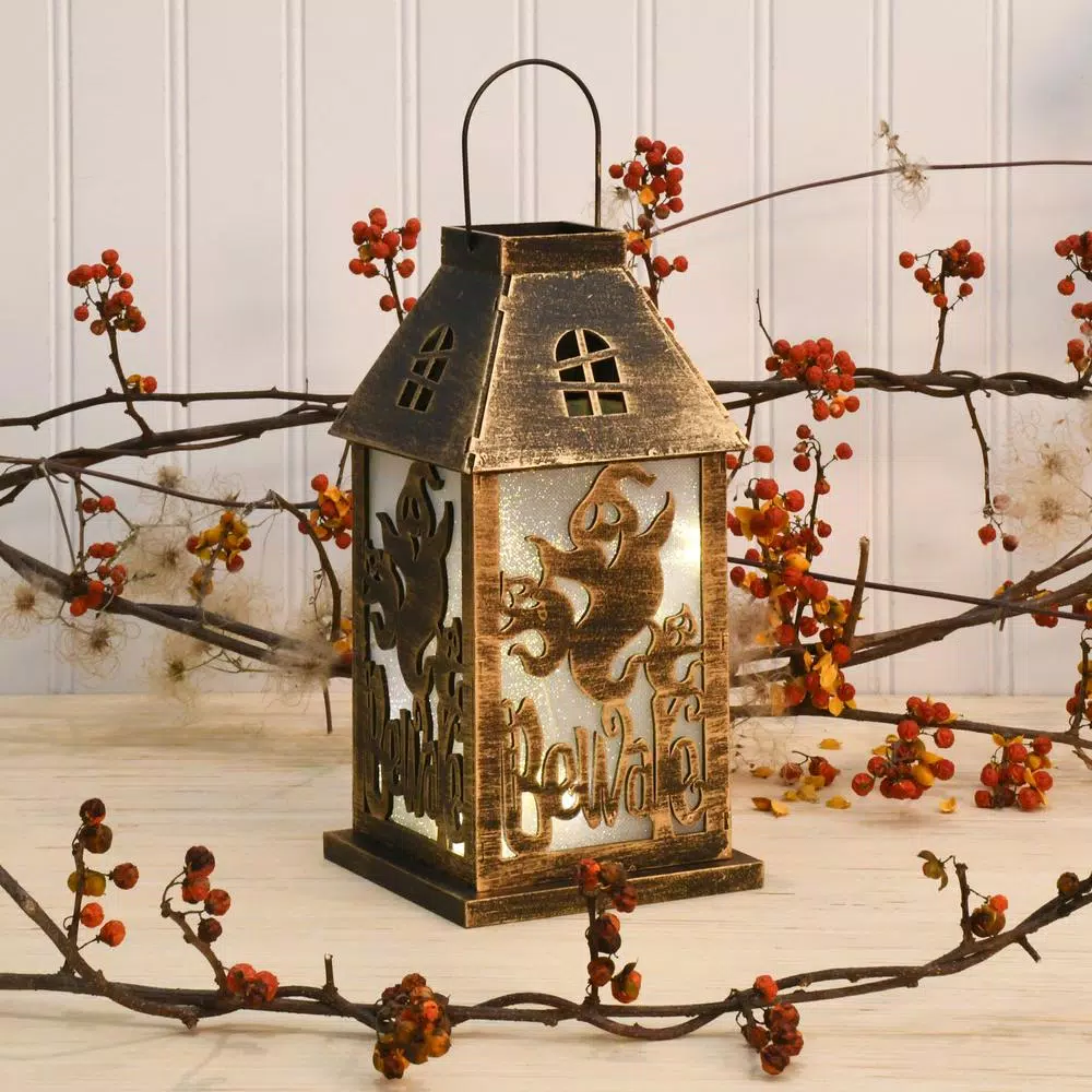 LUMABASE Golden Black Battery Operated Lighted Halloween Lantern with Fairy Lights