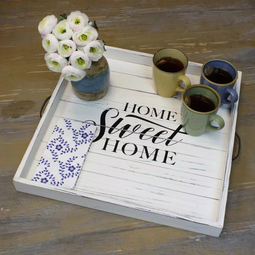 Stonebriar Collection Stonebriar Rustic White Wood Decorative Serving Tray with Metal Handles