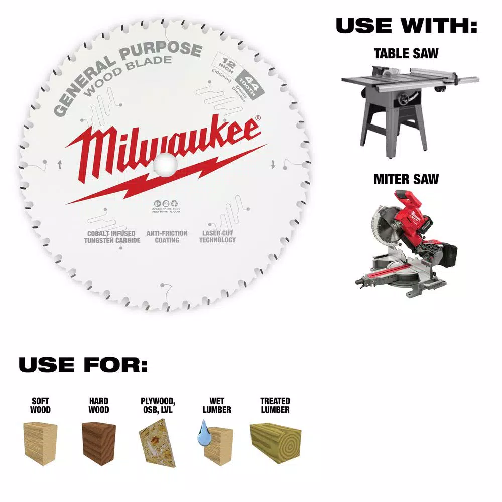 Milwaukee 12 in. Circular Saw Blade 2-Pack, 44-Tooth General Purpose & 80-Tooth Fine Finish Carbide Blades