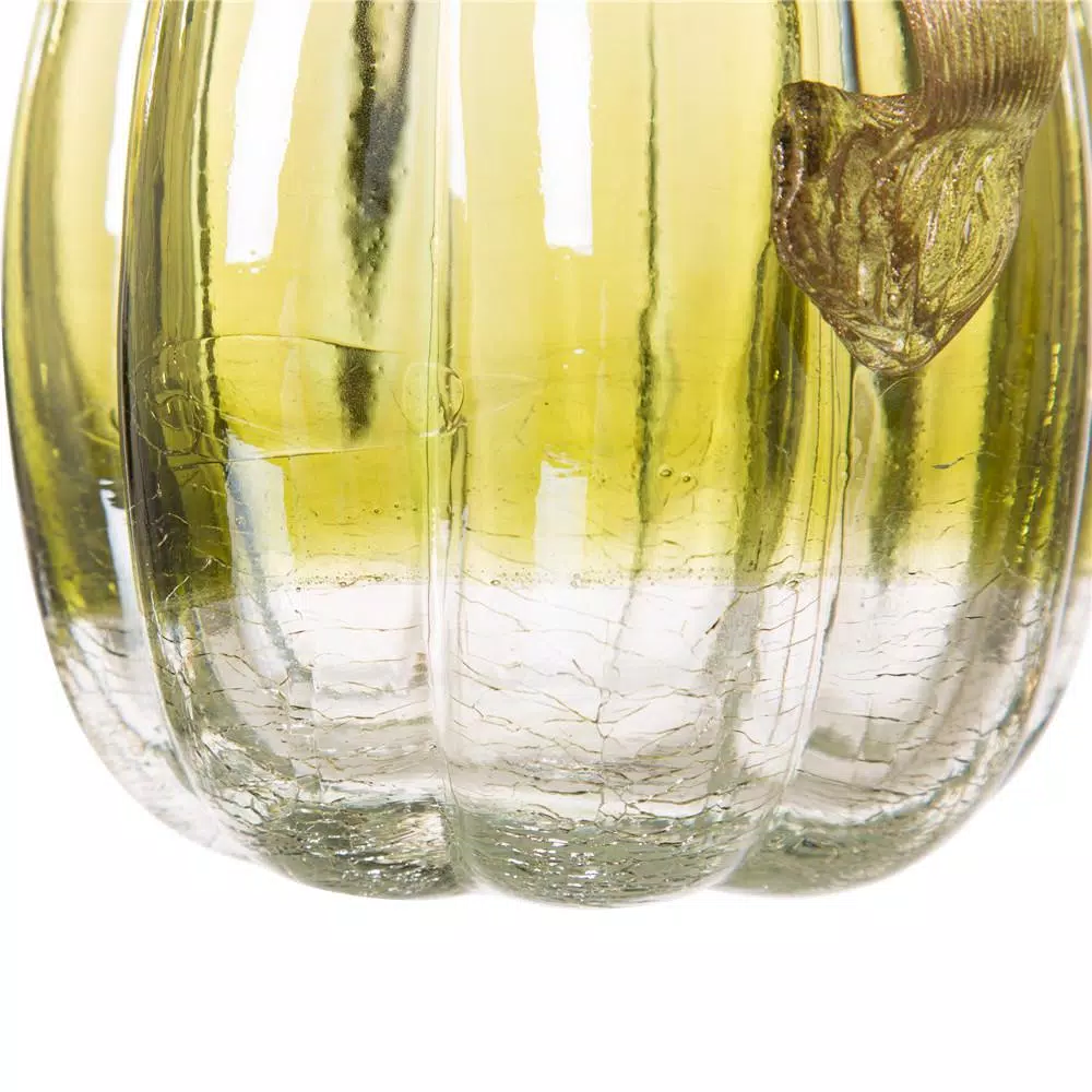 Glitzhome 5.51 in. Green Crackle Hand Blown Glass Pumpkin - Fall & Harvest Tabletop Decor