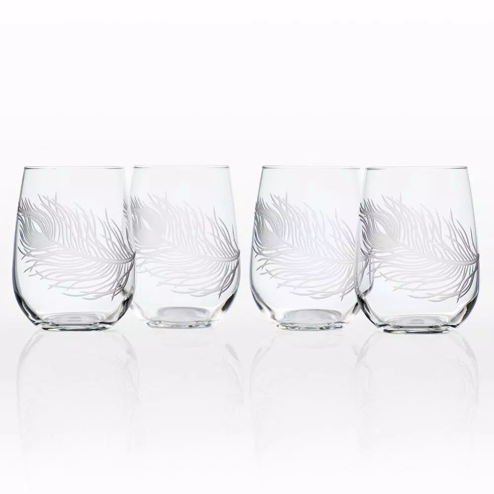 Rolf Glass Peacock Etched Stemless Wine Glass Set of 4, 17 oz Clear Glass Tumblers