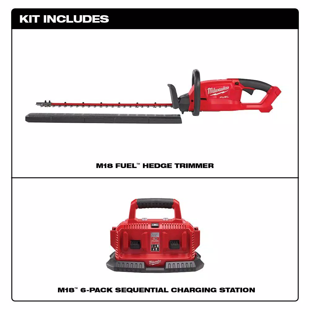 Milwaukee M18 FUEL 18V Brushless Cordless Hedge Trimmer with M18 6-Port Sequential Charger Kit
