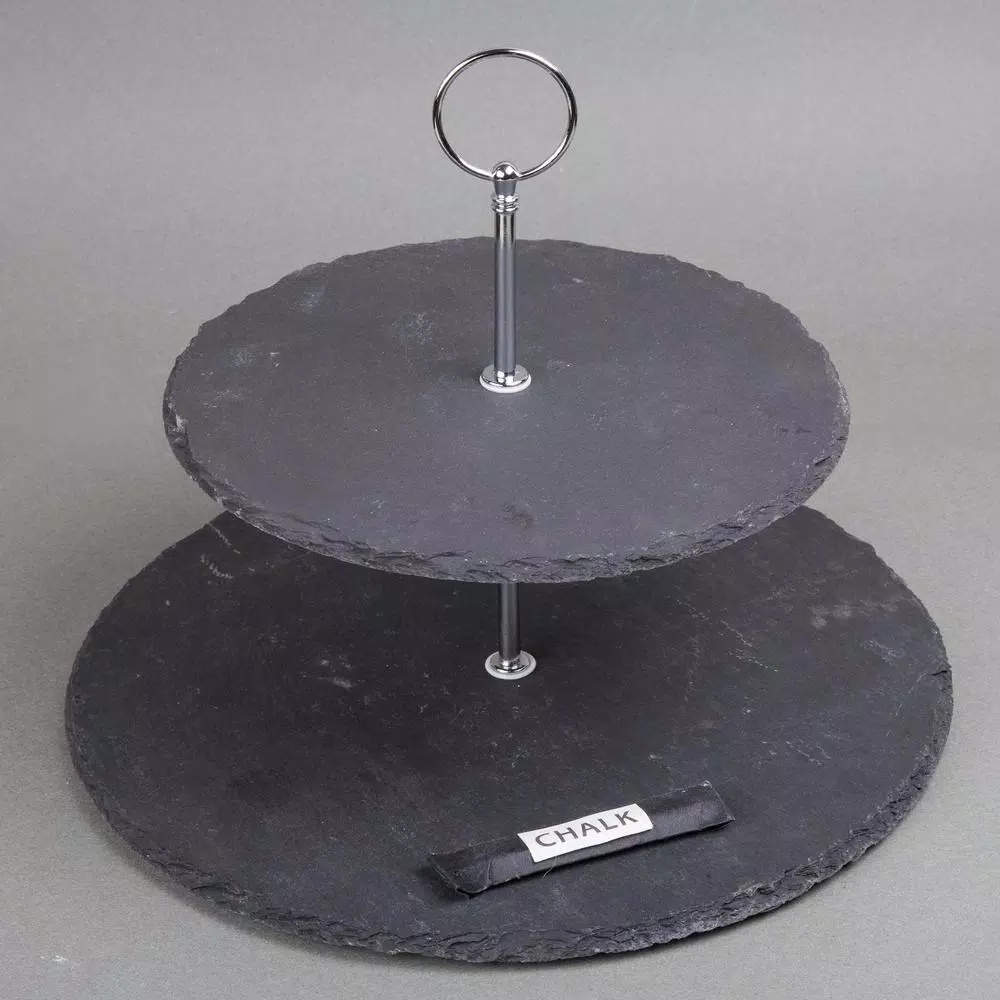 Creative Home 2-Tier Natural Black Slate Cake Stand with Zinc Alloy Handles - 12 inch Round Dessert Serving Tray