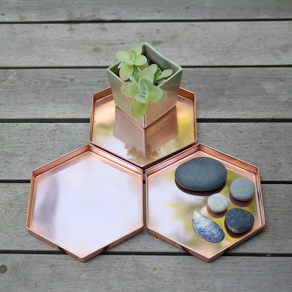 Achla Designs Hexagonal Copper Plated Stainless Steel Decorative Trays, Set of 3
