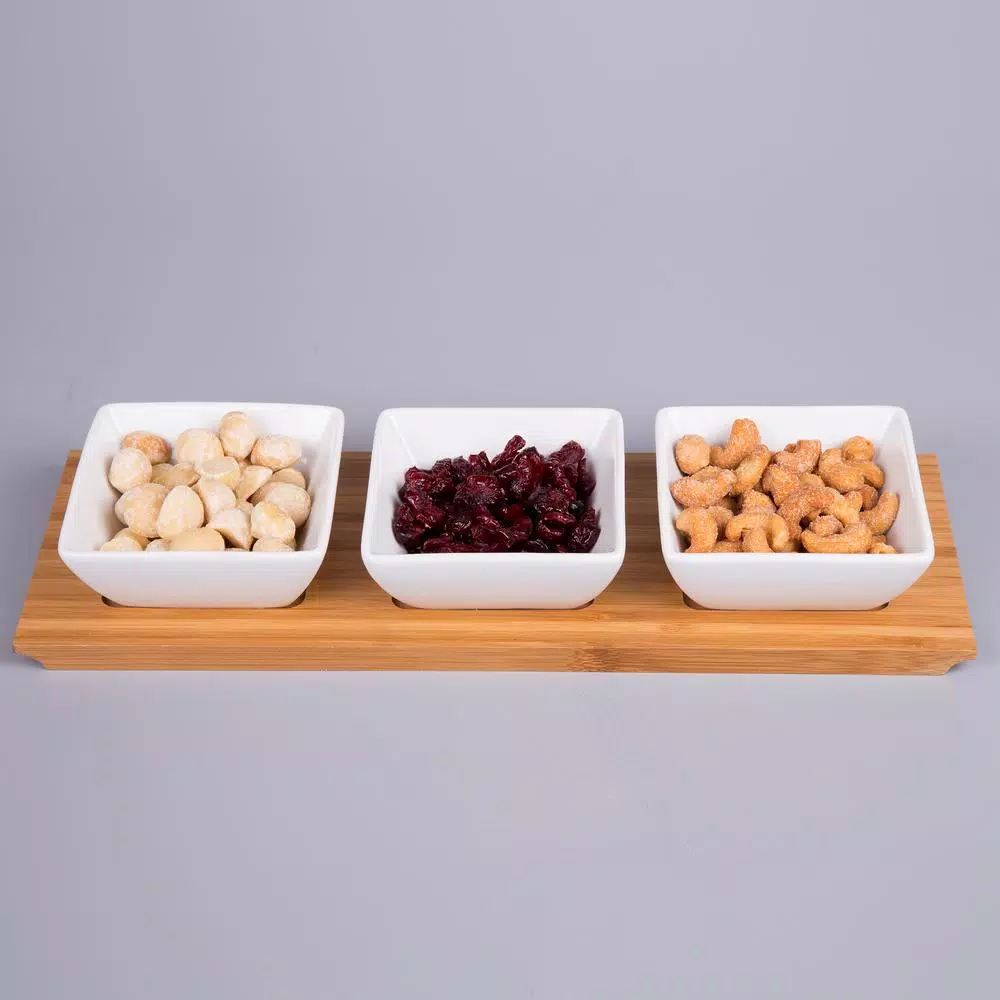 Creative Home 4-Piece Stoneware Square Bowls and Natural Bamboo Serving Tray Set