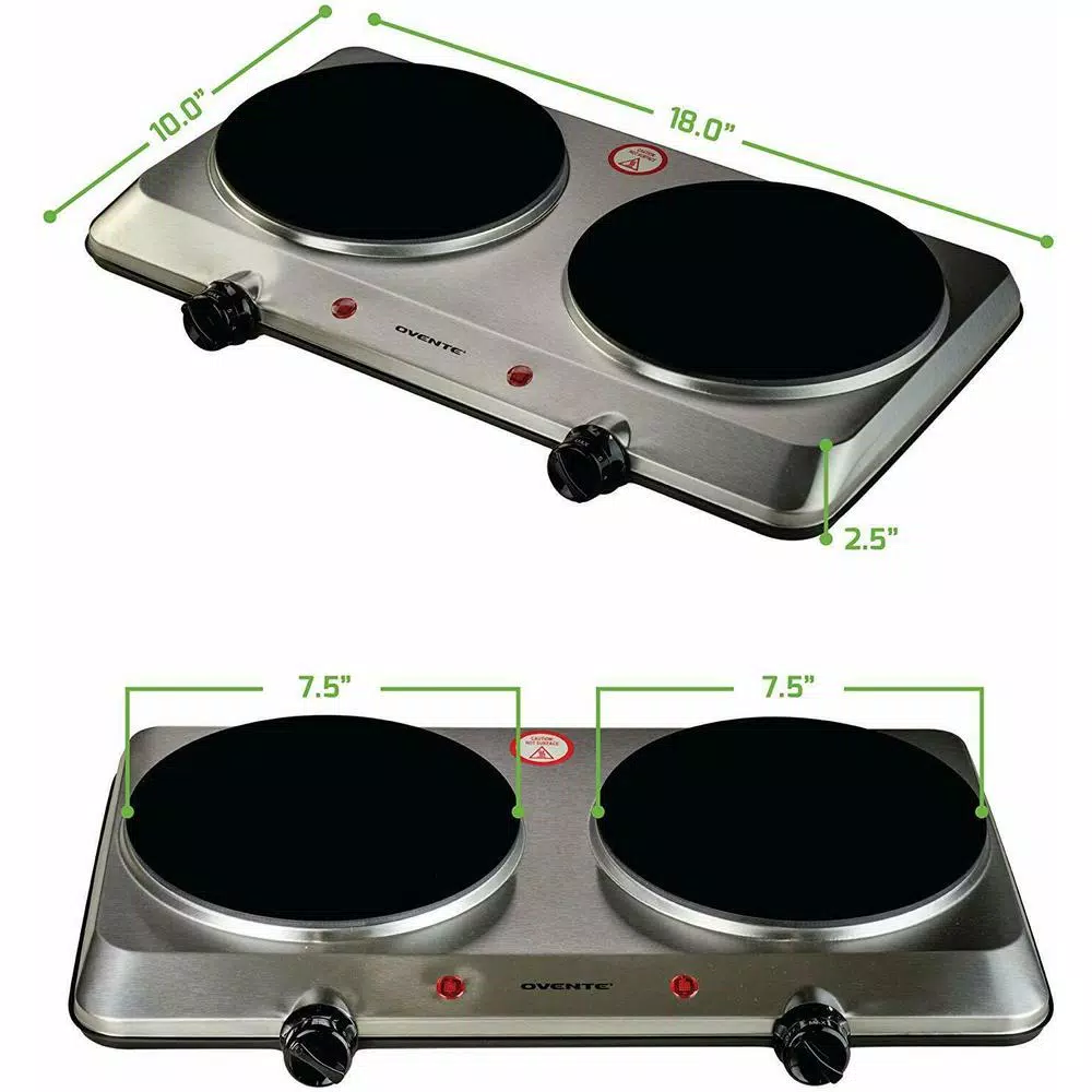 Ovente 1500W Double Burner Infrared Hot Plate, 7.5 in. Ceramic Glass Cooktop with Temperature Control