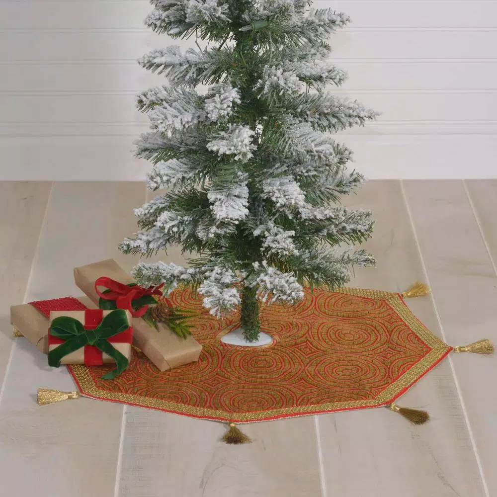 VHC Brands Soleil 21 in. Candy Apple Red & Bronze Jacquard Christmas Mini Tree Skirt with Gold Tassels