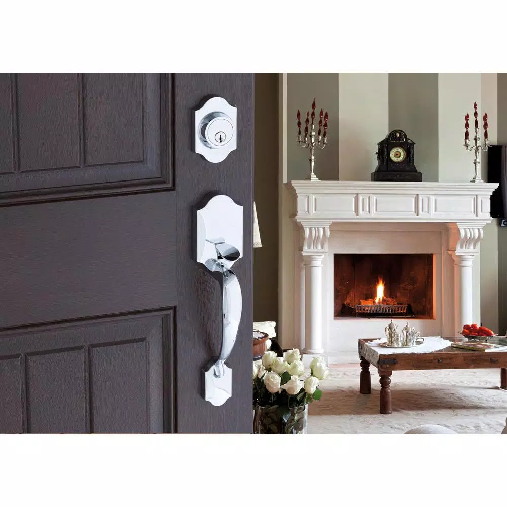 Copper Creek Modern Polished Stainless Steel Front Door Handleset with Left-Hand Scandinavian Lever Trim