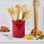 Basic Essentials 8-Piece Red Ceramic Kitchen Utensil Set with Bamboo Utensils and Storage Crock thumbnail 5