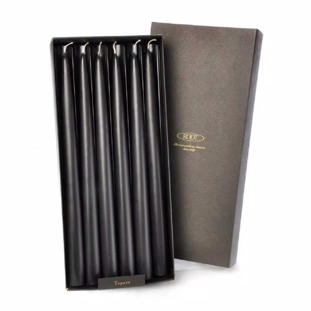 ROOT CANDLES A.I. Root 12 in. Black Dipped Taper Dinner Candles, Beeswax Enriched, Box of 12