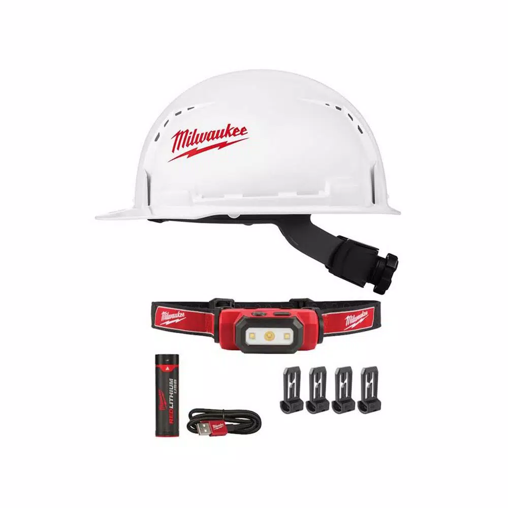 Milwaukee 475 Lumen LED Rechargeable Hard Hat Headlamp & BOLT Vented Hard Hat Combo