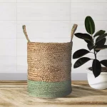 LR Home Wise Braided Natural Jute Decorative Basket with Handles, Green/Beige thumbnail 1