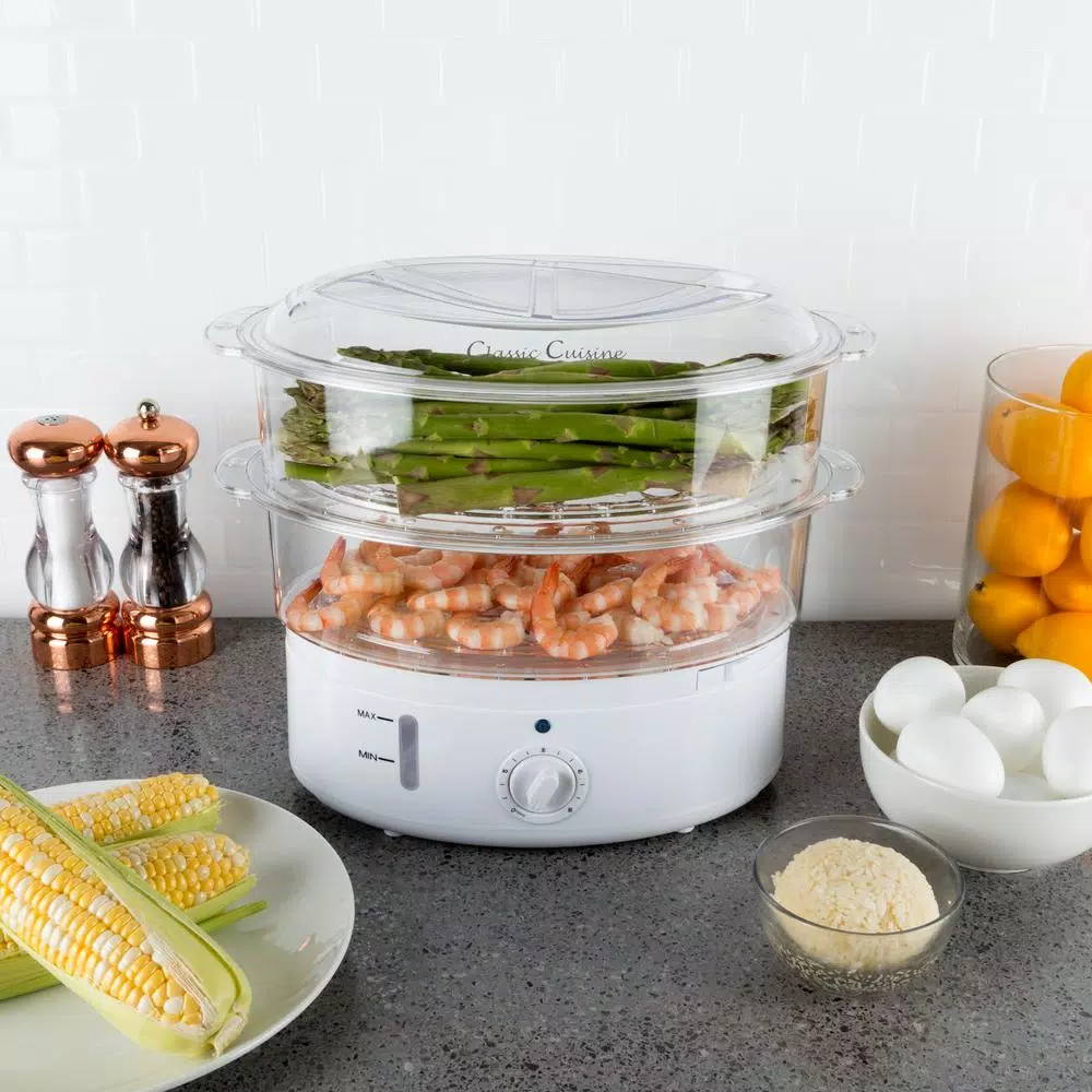 Classic Cuisine 6.3 Qt. White Rice Cooker and Vegetable Steamer with Built-In Timer