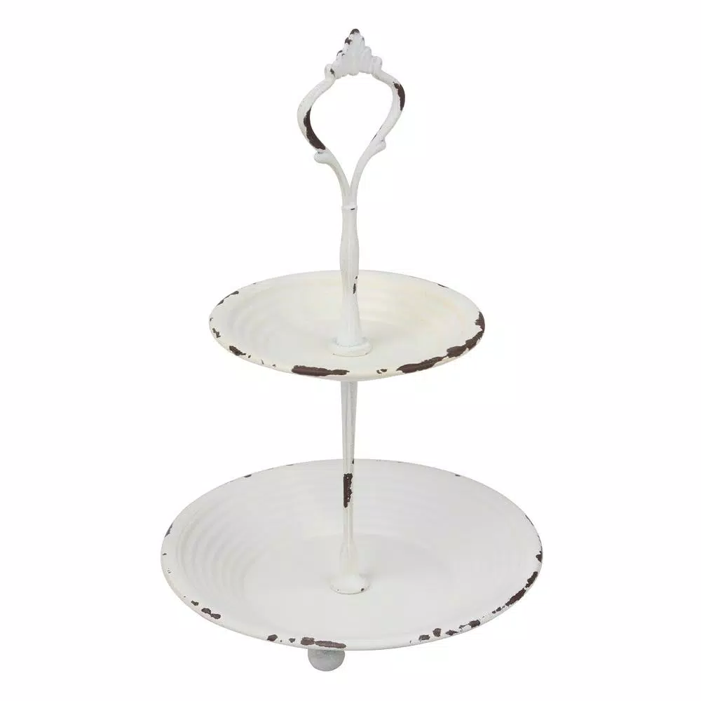 Stonebriar Collection Stonebriar Shabby Chic Worn White 2-Tier Metal Serving Tray