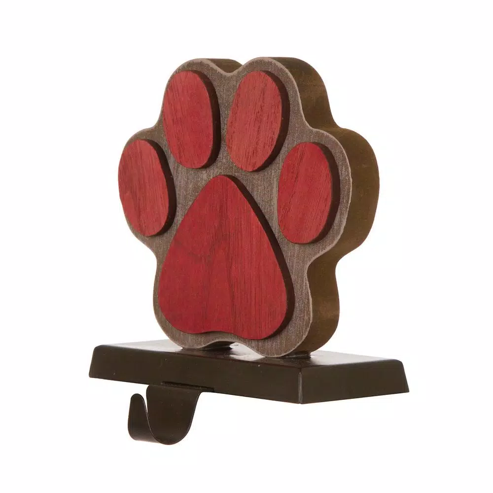 Glitzhome 6.30 in. Dog Paw Wooden and Metal Christmas Stocking Holder, Red