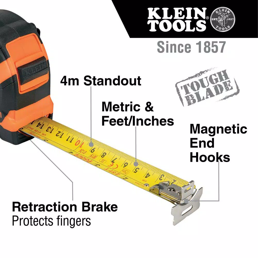 Klein Tools 7.5 m Magnetic Double-Hook Tape Measure, 25 ft Tough Blade