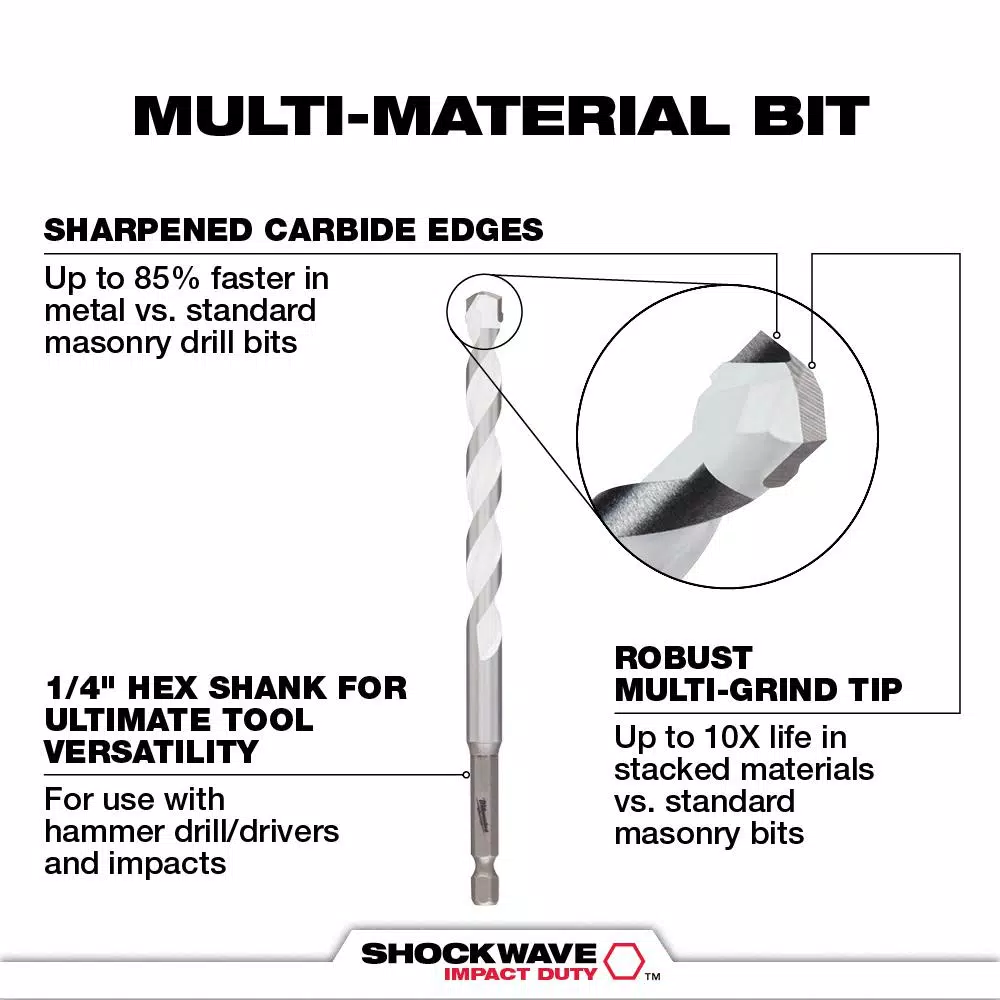 Milwaukee SHOCKWAVE 1/4 in. Carbide Multi-Material Drill Bit, 6 in. Length