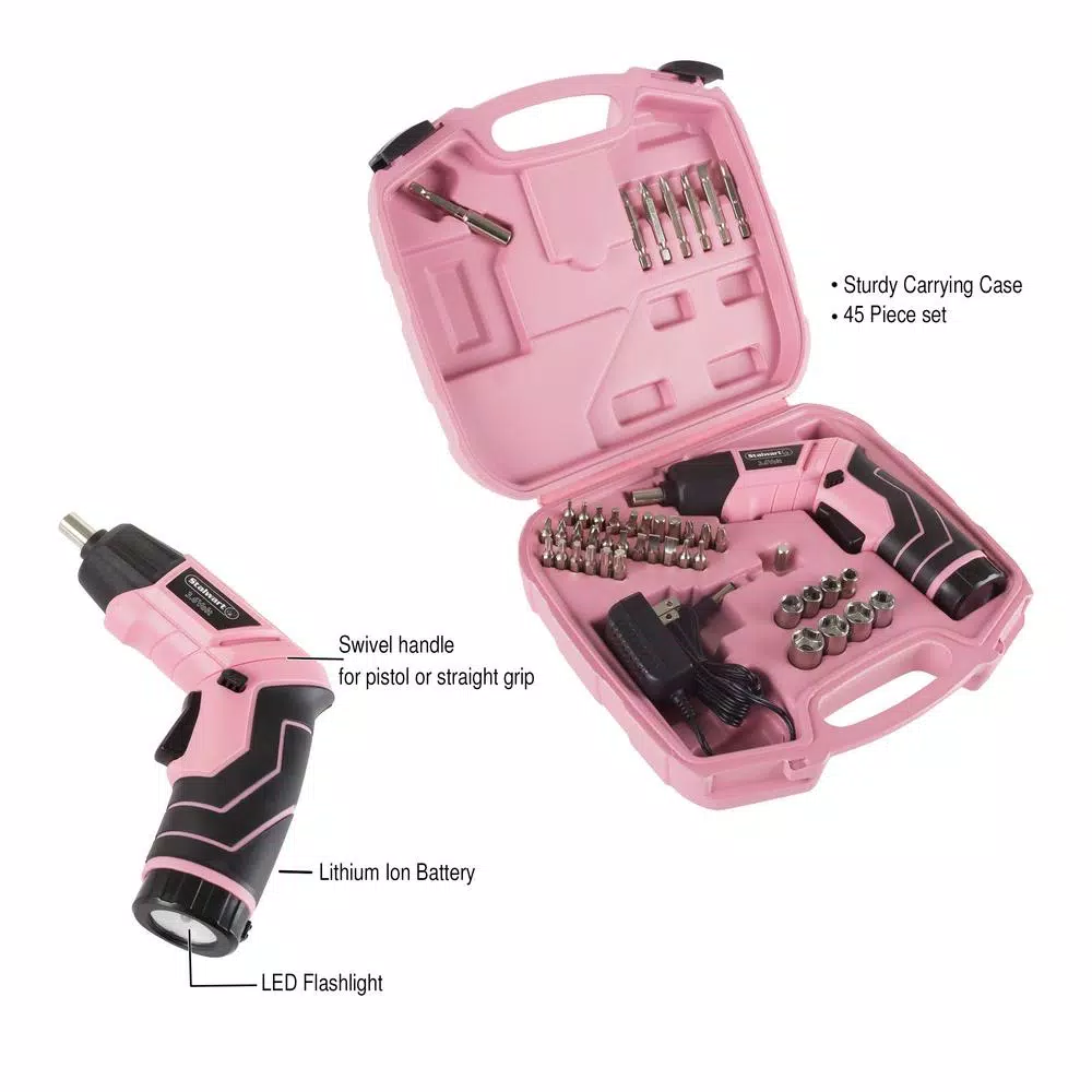 Stalwart 45-Piece Cordless Pivoting Screwdriver Set with 3.6V Lithium Battery and Carrying Case - Pink