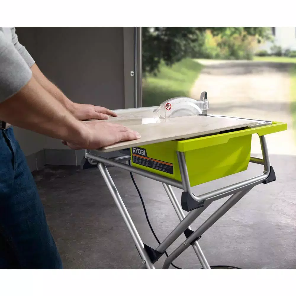 RYOBI 7 in. 4.8 Amp Wet Tile Saw with Stand, Cuts Ceramic, Porcelain, and Stone