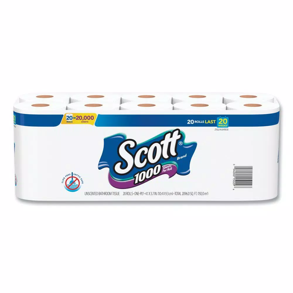 Scott 1-Ply Standard Roll Bathroom Tissue, 1000 Sheets Per Roll, 20 Rolls Per Pack