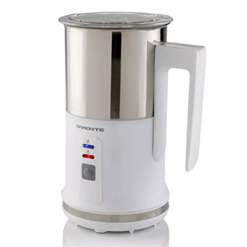 Ovente 3-in-1 Electric Milk Frother & Heater, White Stainless Steel with See-Through Lid