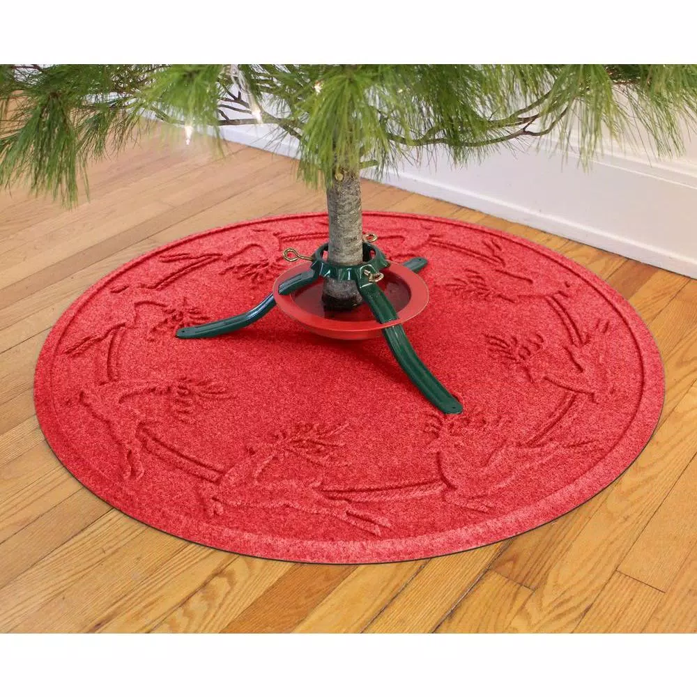 Bungalow Flooring WaterHog Aqua Shield Red 35 in. Round Reindeer Run Christmas Tree Mat