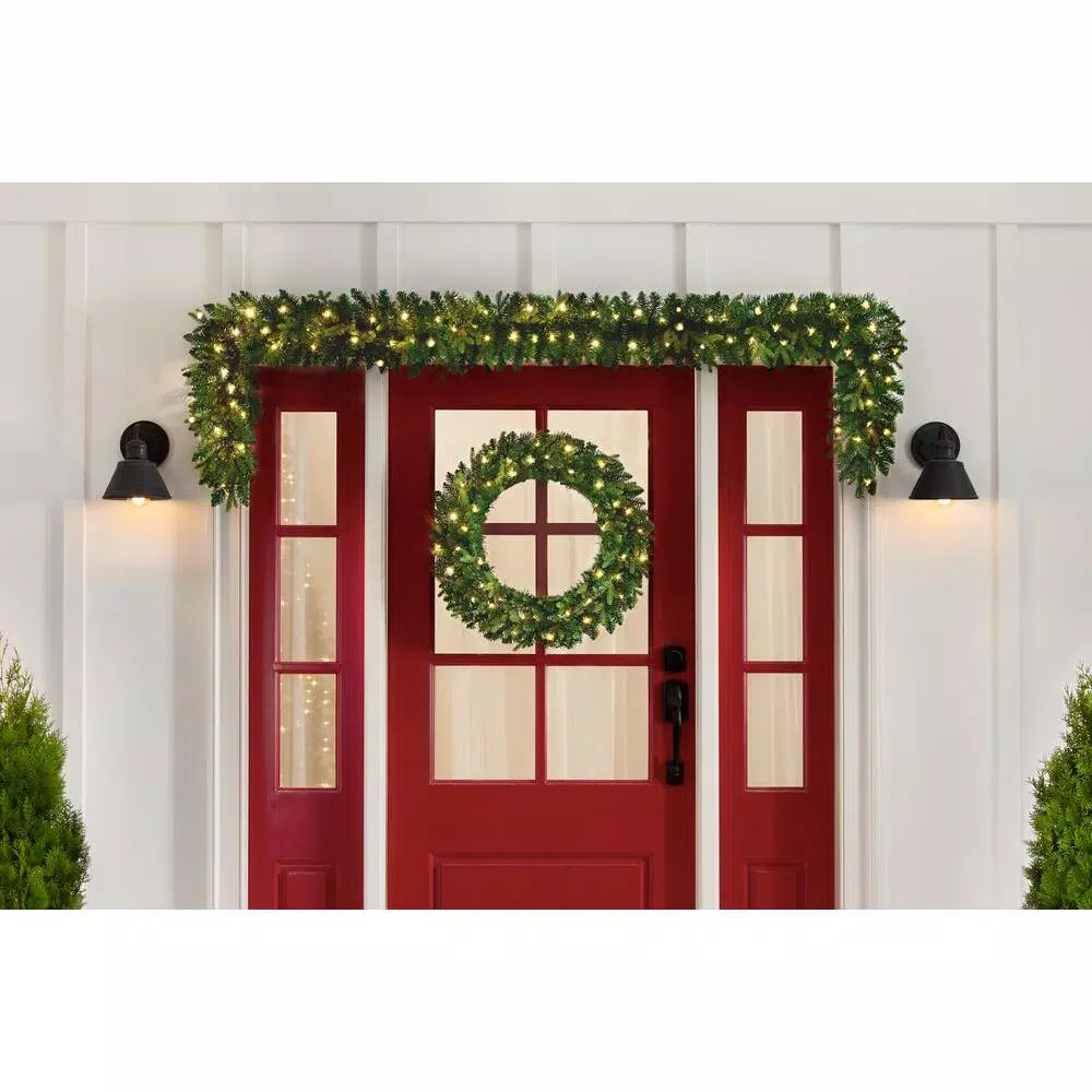 Home Accents Holiday 30 in. Mayfield Pre-Lit LED Artificial Balsam Fir Christmas Wreath with 35 Warm White Micro Dot Lights