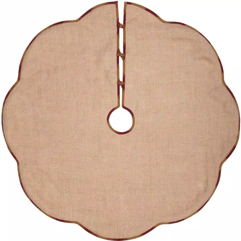 VHC Brands 48 in. Burgundy Check Red Primitive Christmas Tree Skirt with Scalloped Edge