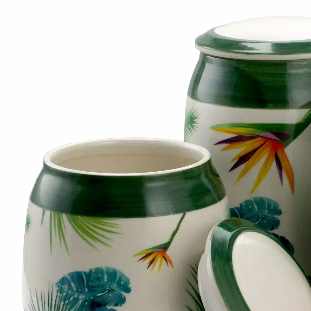Elama Paradise Palms 3-Piece Green Ceramic Kitchen Canister Set with Airtight Lids