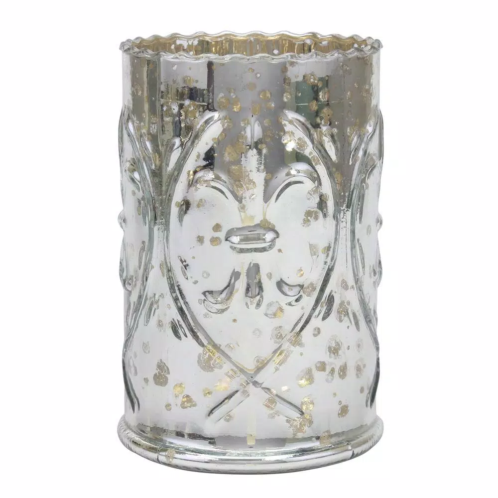 Stonebriar Collection 6.5 in. Antique Silver Mercury Glass Fleur De Lis Pillar Candle Holder