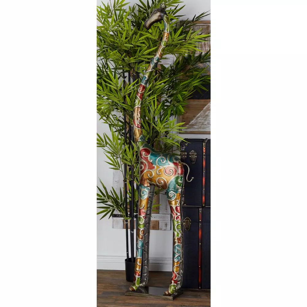 LITTON LANE Stylized Giraffe Metal Sculpture - 73" Tall Multi-Colored Glazed Iron Statuary