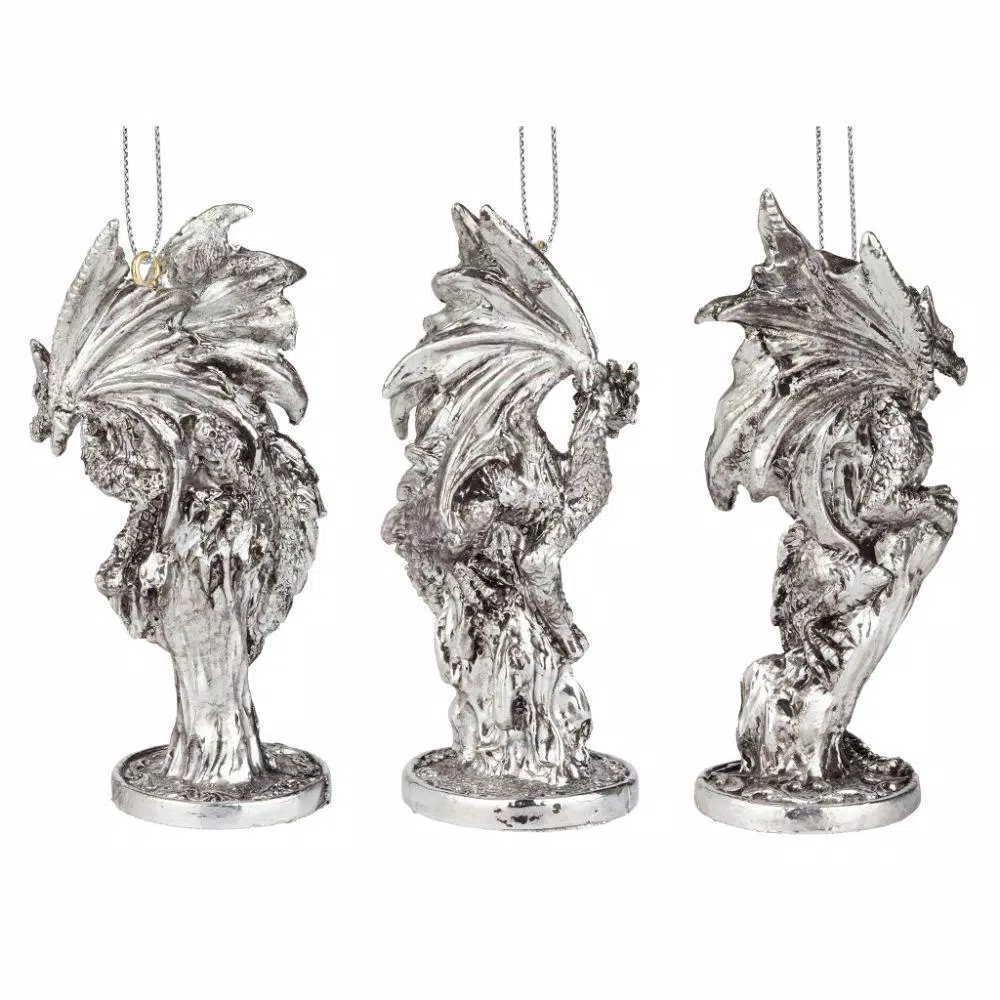 Design Toscano Three Dragons of the Amesbury Holiday Gemstone Ornament Set, 3-Piece Silver Resin