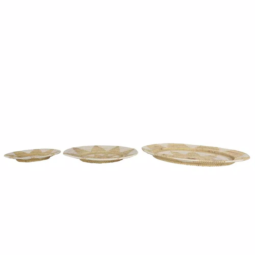 LITTON LANE Set of 3 Round Palm Wicker Basket Wall Trays - Beige and White Floral Star Design