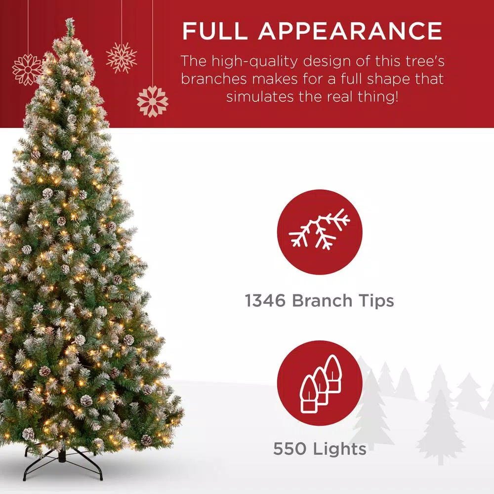 Best Choice Products 7.5 ft. Pre-Lit Flocked Artificial Christmas Tree with 550 Warm White Lights and Pinecones