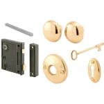 Prime-Line Antique Style Vertical Trim Lock Set, Brass Plated Cast Steel Knobs, 2-1/2 in. Backset thumbnail 1