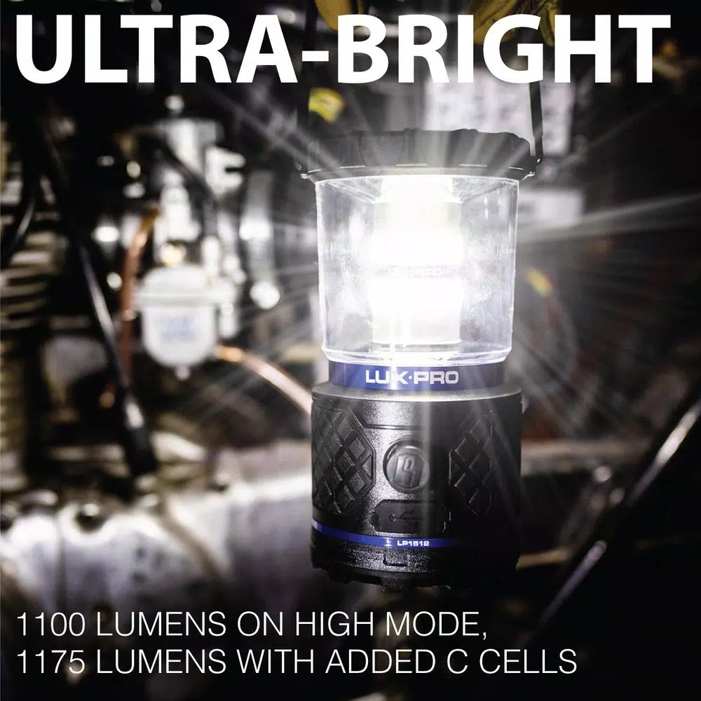 LUXPRO 1100 Lumen Dual Power 360° LED Lantern with Power Bank and TackGrip, Rechargeable & Battery Operated
